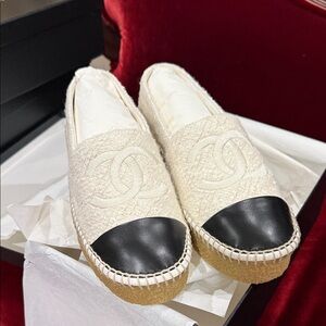 CHANEL White and Black Espadrilles